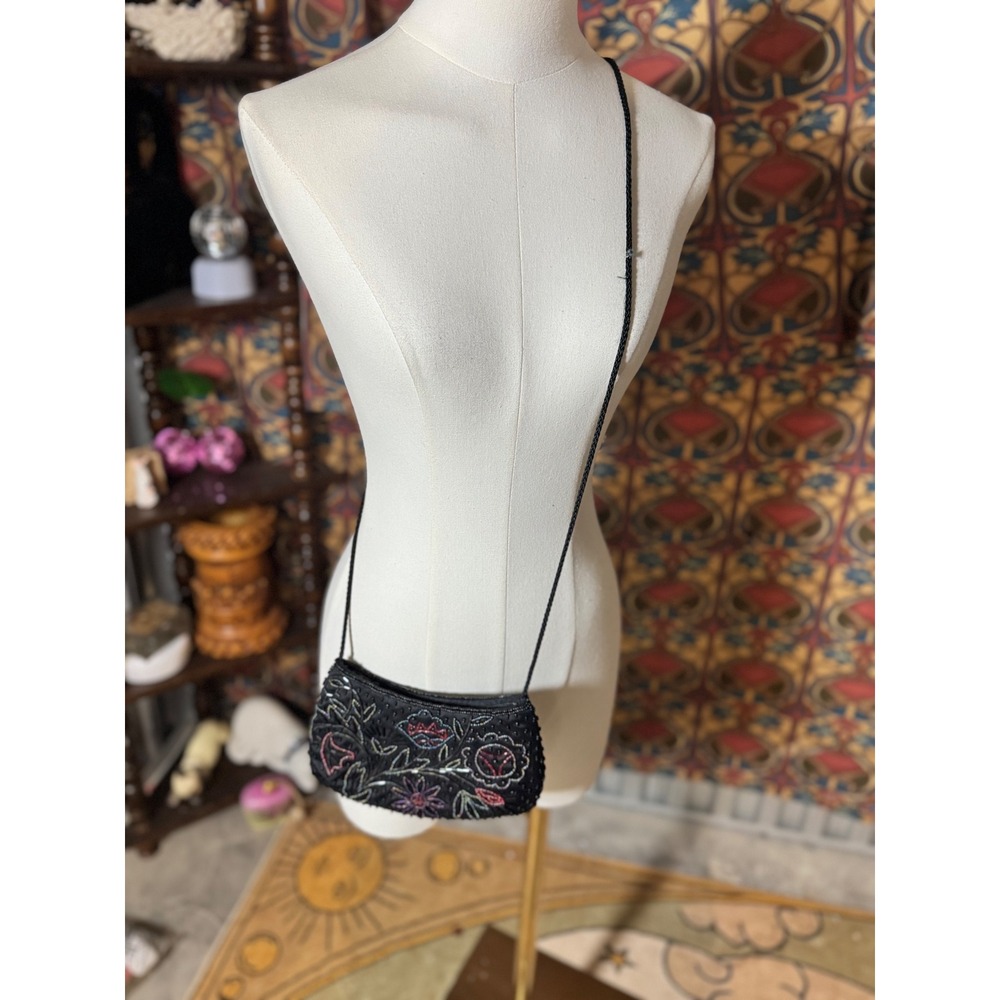 Valerie Stevens Black Beaded‎ Floral Evening Clutch Purse Small Handbag